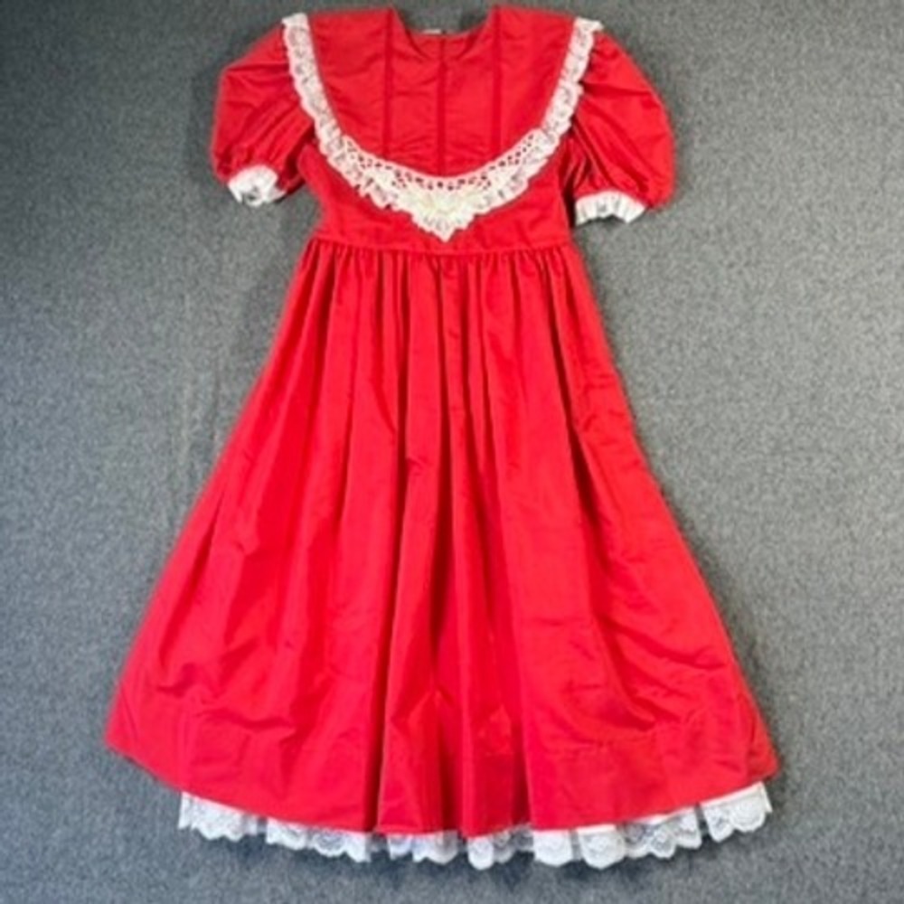 Jayne Copeland Vintage Girls Red Lace Collar Puffy Sleeve Party Dress Size 7